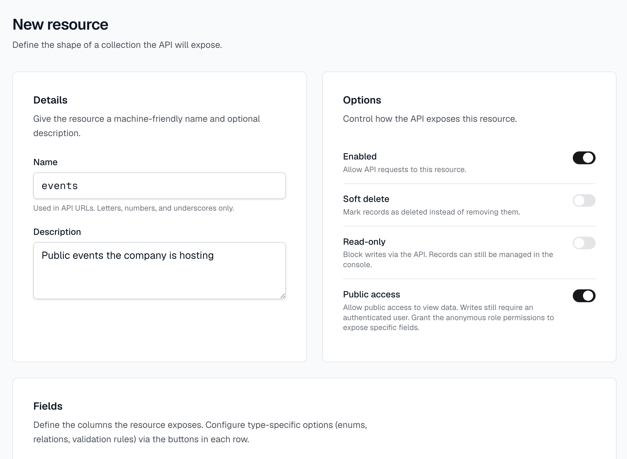 New resource form with field configuration.