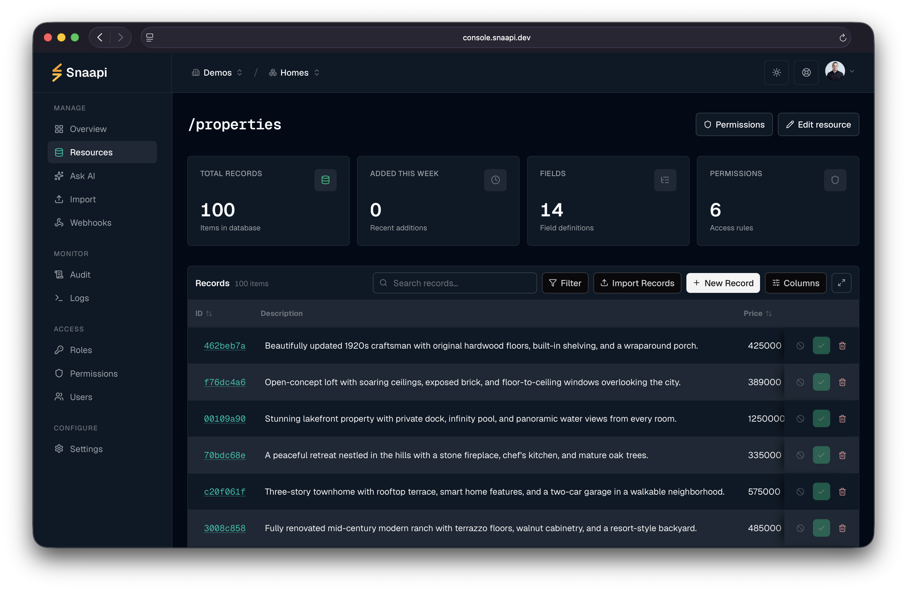 Snaapi console showing a resource page with records, fields, and permissions