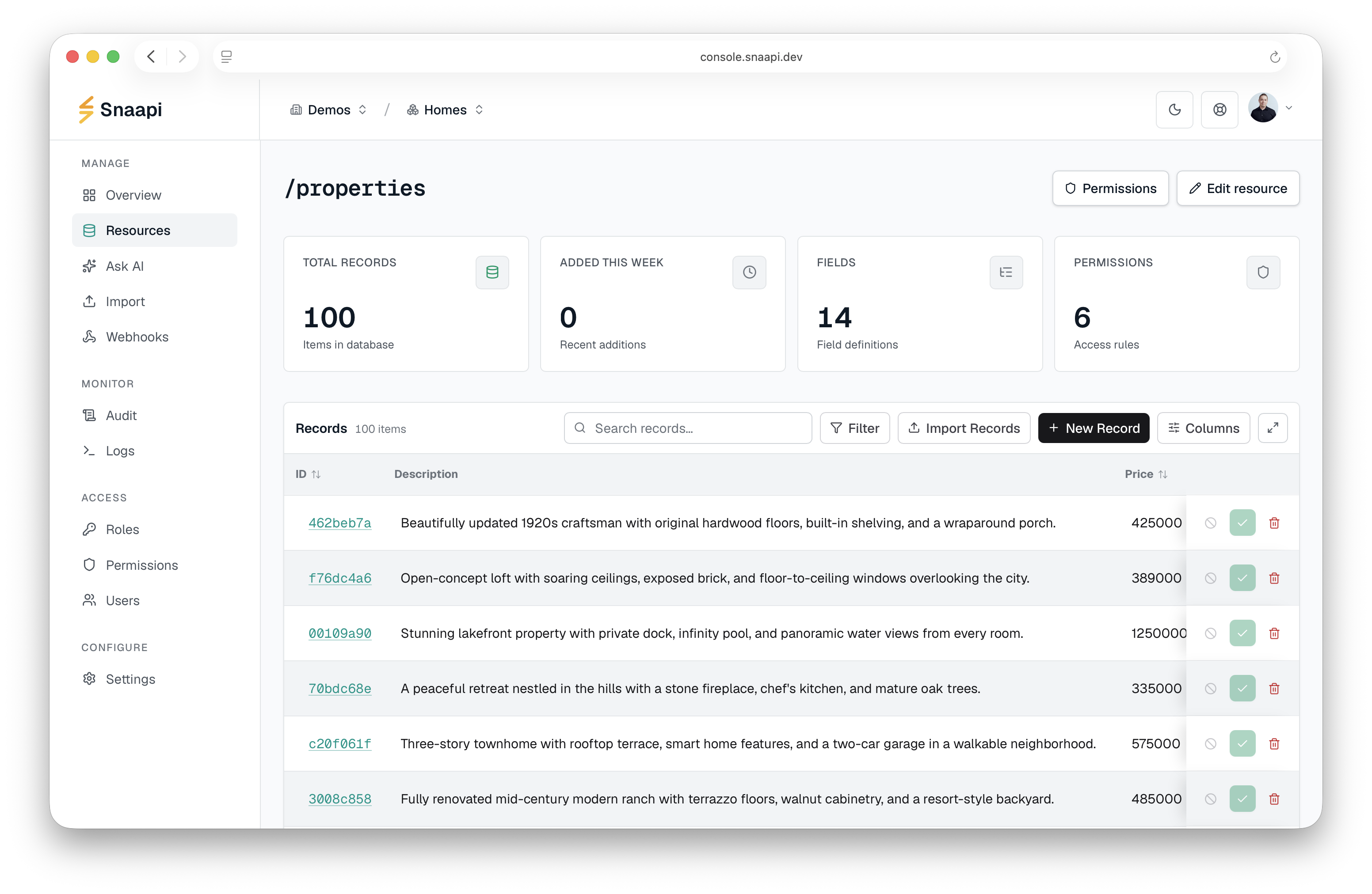 Snaapi console showing a resource page with records, fields, and permissions
