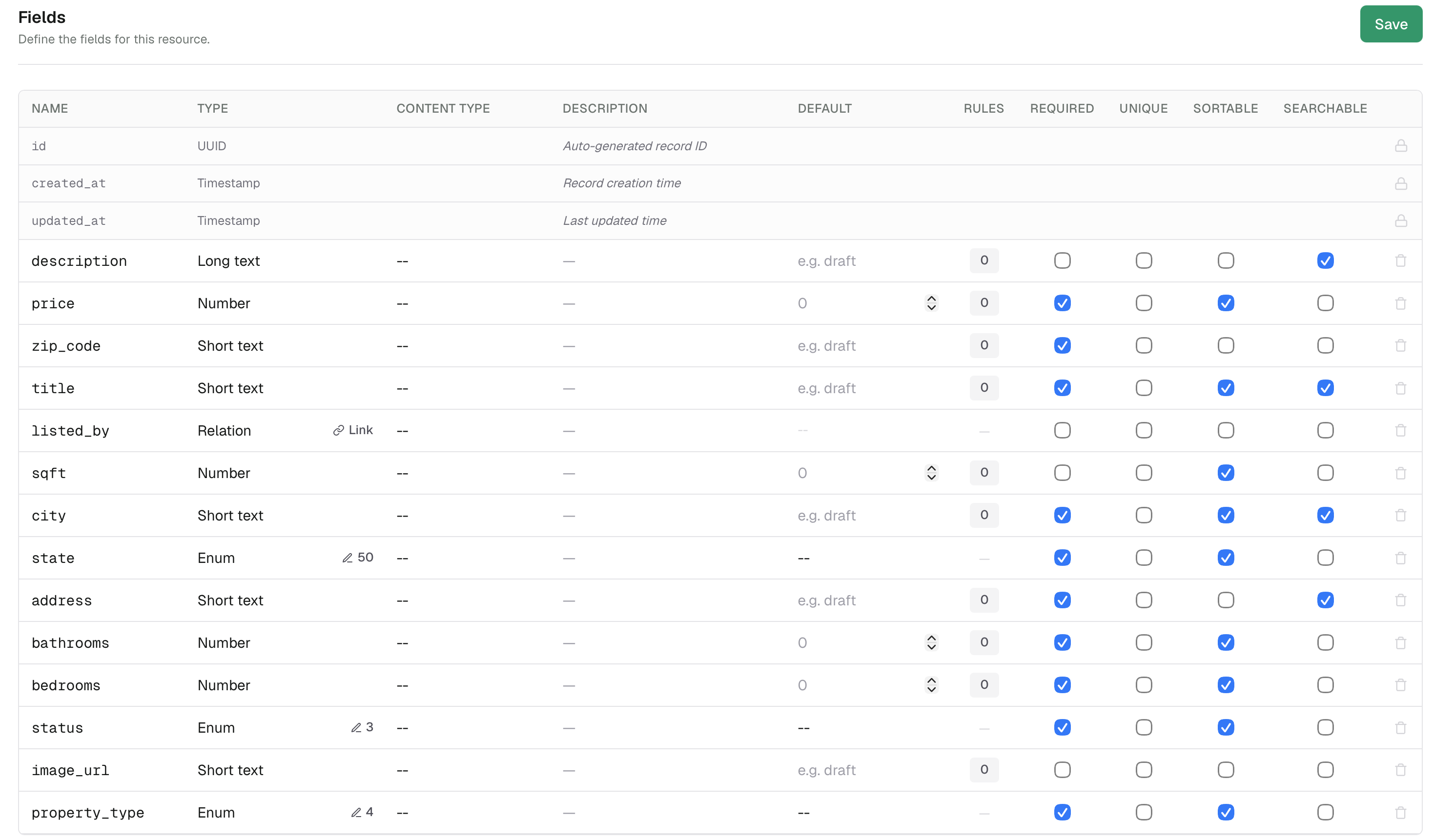 Snaapi field editor: define fields, types, rules, and indexes in a spreadsheet-style grid
