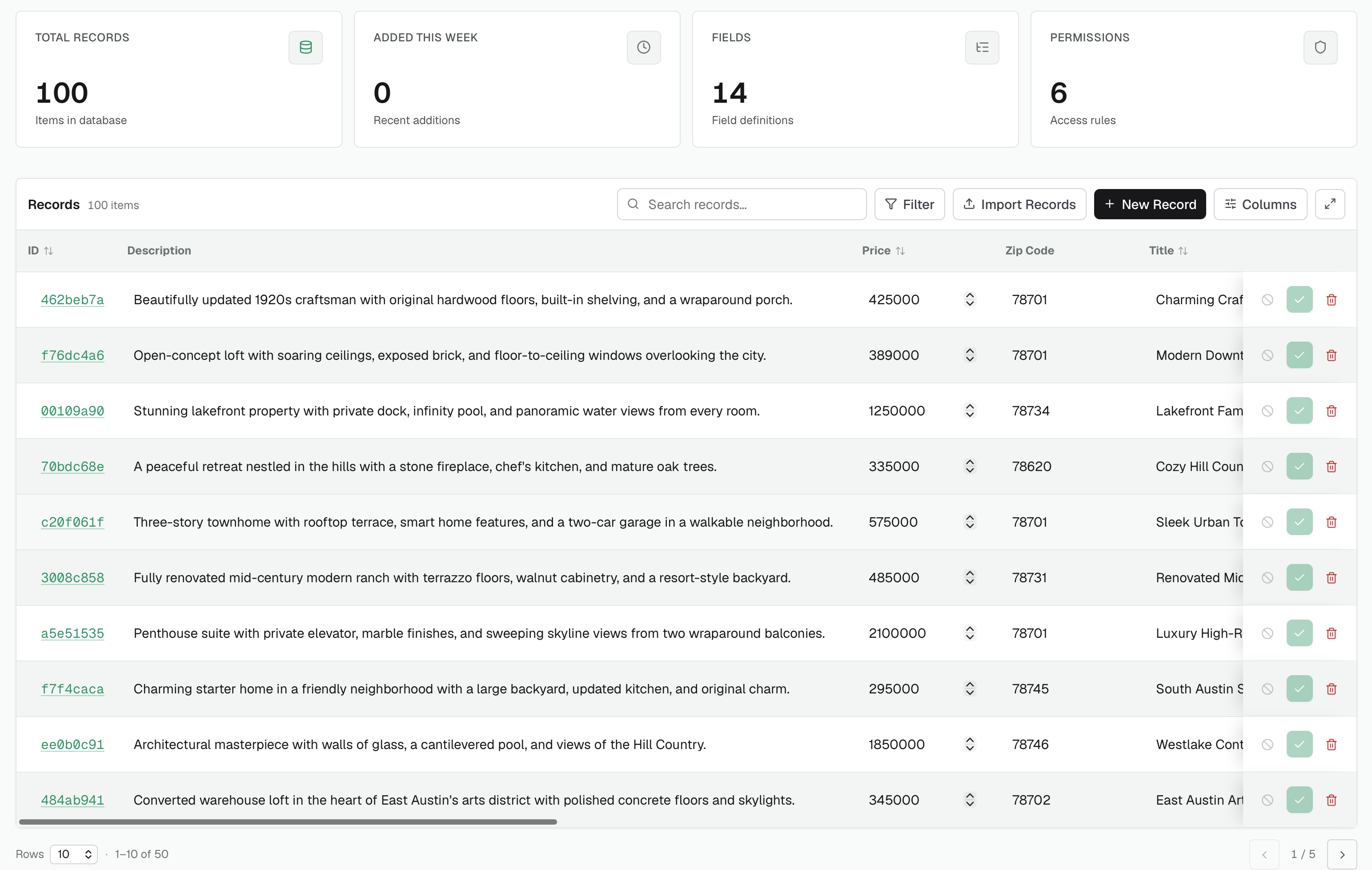 Snaapi admin dashboard showing a records table with totals, filters, and inline editing