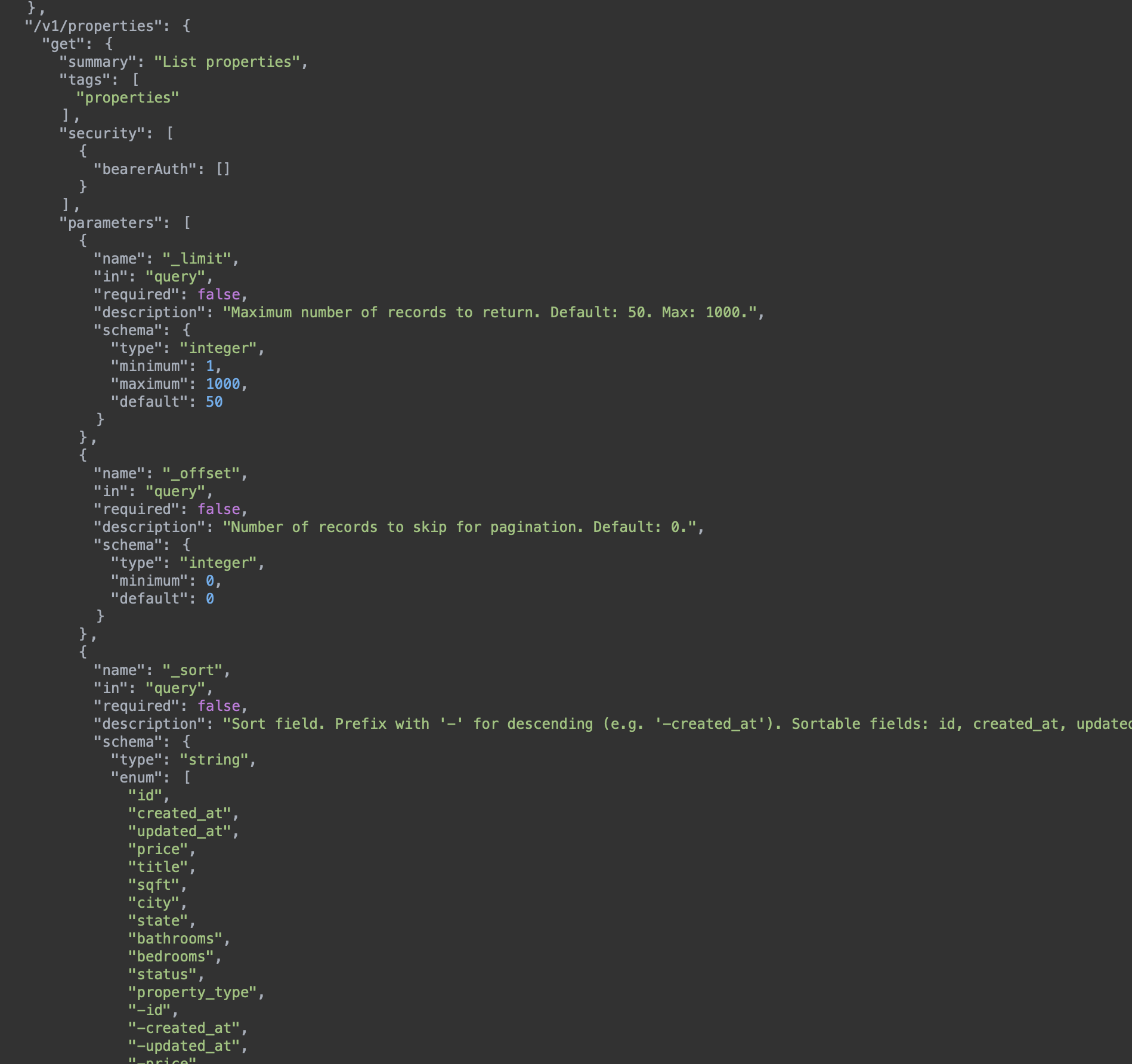 OpenAPI specification rendered as syntax-highlighted JSON in the Snaapi console