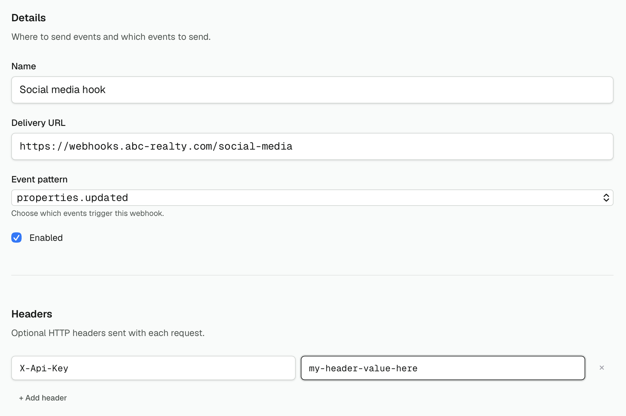 Snaapi webhook editor configuring delivery URL, event pattern, and request headers